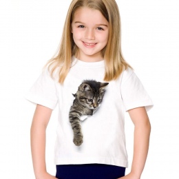 Bawełniana modna koszulka dziewczęca oryginalny wzór biała z kotkiem efekt 3D dziecięca krótki rękaw
