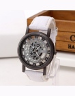 Biznes moda Skeleton Watch Mężczyźni Grawerowanie Hollow Sukienka Zegarek Kwarcowy Skórzany pasek Kobiety Zegar Reloj Hombre Rel