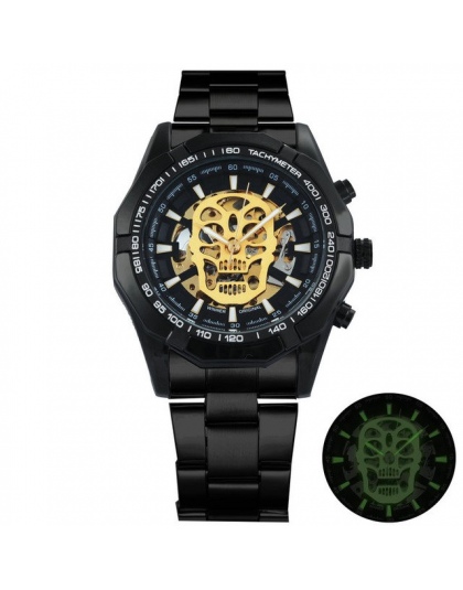 ZWYCIĘZCA Nowy Mody Zegarek Mechaniczny Mężczyźni Czaszka Projekt Top Marka Luksusowe Złoty Stal Nierdzewna Pasek Skeleton Man A
