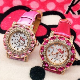 Cartoon Moda Marka Hello Kitty Zegarek Kwarcowy Dzieci Dziewczyna Kobiety Skóra Kryształ Zegar relogio Wrist Watch Zegarek Dla D