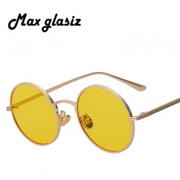 Max glasiz Vintage Sunglasses Kobiety Retro Okrągłe Okulary Żółty Soczewka Metalowa Rama Okładziny Okulary Okulary gafas de sol 