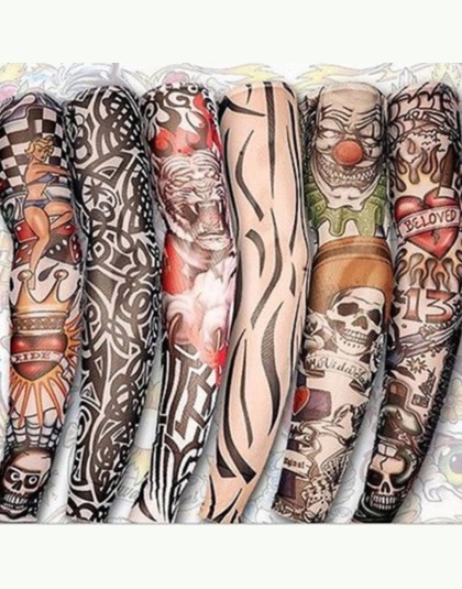 6 SZTUK Nowy Nylon Elastic Fałszywy Tymczasowe Tattoo Rękaw Wzory ciała Arm Pończochy Tatoo dla Fajnych Mężczyzn Dla Kobiet Drop