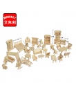 1 ZESTAW = 34 SZTUK, AIBOULLY Drewniany Dom dla Lalek Skala Miniaturowy Dollhouse Meble Jigsaw Puzzle Modele DIY Akcesoria Zesta