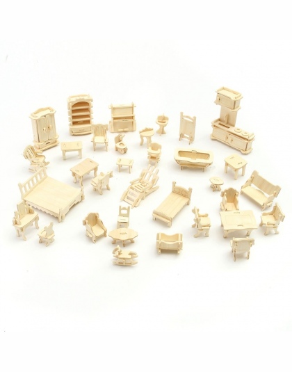 34 sztuk/zestaw DIY Mini Edukacyjne Dla Dzieci Meble Dla Lalek Handworked Rzeźbiarski Puzzle 3D Model Zestaw Ręcznie Zabawki Dzi