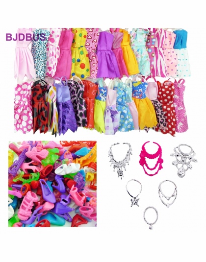 Losowo 30 sztuk/partia = 12x Mieszane Style Mini Sukienki + 12x Buty + 6x Naszyjniki Ubrania Dla Lalka Barbie Akcesoria prezenty
