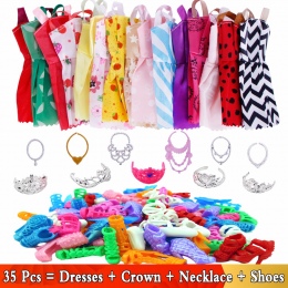 Losowo 35 sztuk/partia Kolorowe 12x Sukienki + 12x Buty + 6x Naszyjniki + 5x Crown Princess Ubrania Dla Lalka Barbie akcesoria Z
