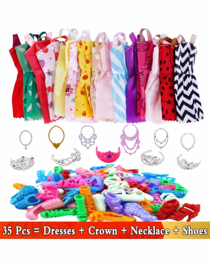 Losowo 35 sztuk/partia Kolorowe 12x Sukienki + 12x Buty + 6x Naszyjniki + 5x Crown Princess Ubrania Dla Lalka Barbie akcesoria Z