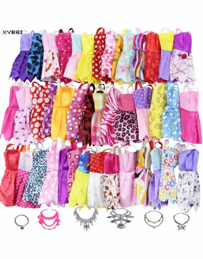 18 Sztuk/partia 12x = Losowe Mieszane Style Mini Dress Party spódnica Kostium + 6x Plastikowe Naszyjniki Ubrania Dla Lalka Barbi