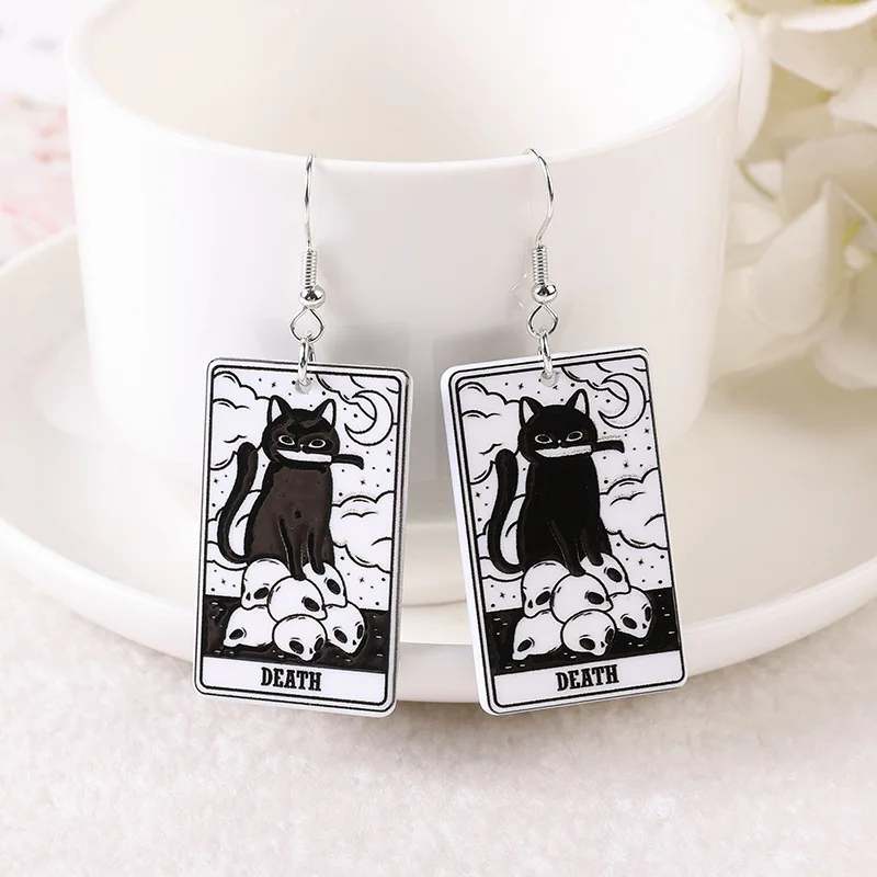 Akrylowe kolczyki kot tarot - dwustronne, magiczne Czarny chrom