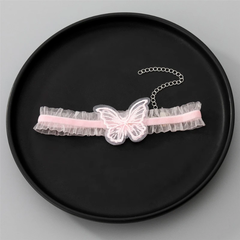Aksamitny choker koronkowy – naszyjnik kwiatowy na szyję N0487 różowy motyl