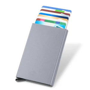 Aluminiowy portfel na karty z wysuwaną klapką i blokadą RFID Szary
