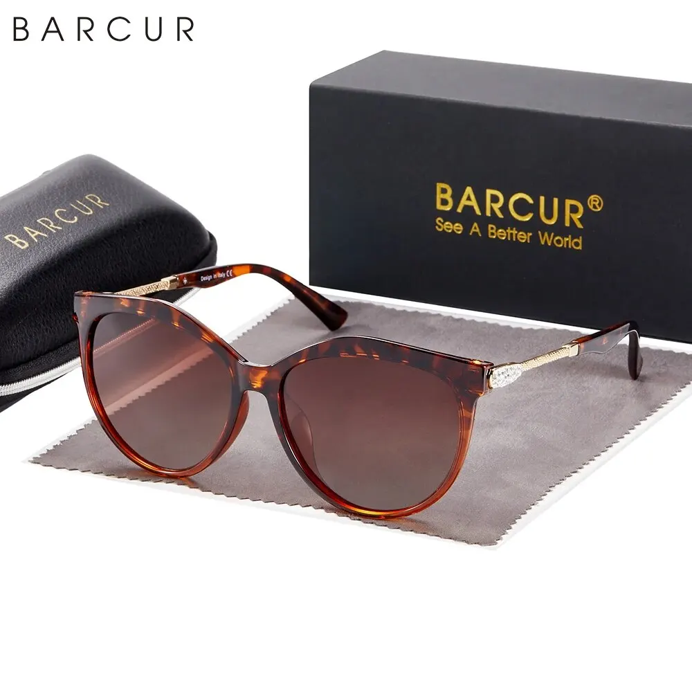 Damskie okulary przeciwsłoneczne BARCUR kocie oko polaryzacyjne Leopard tea