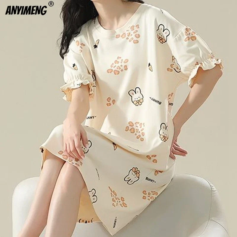 Bawełniana koszula nocna damska plus size z krótkim rękawem Little rabbits