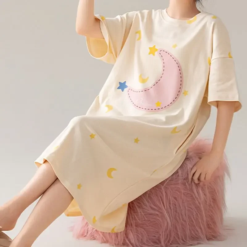 Bawełniana koszula nocna damska plus size z krótkim rękawem Moon and stars