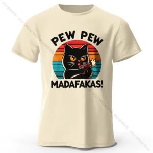 Bawełniana koszulka z nadrukiem kota – śmieszny T-shirt unisex Beżowy