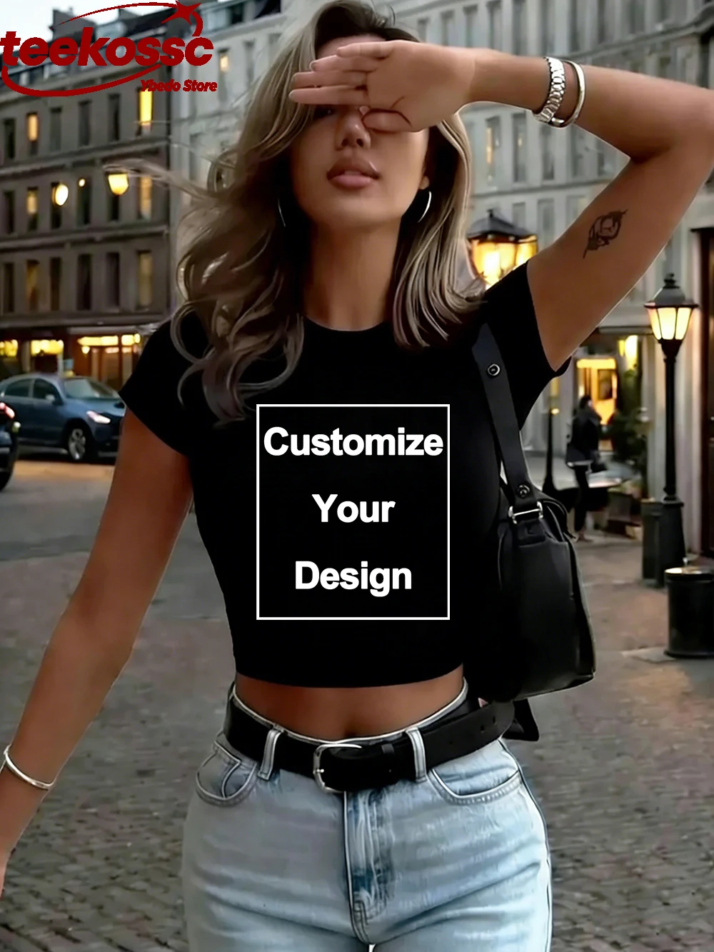 Bawełniany damski crop top z krótkim rękawem Czarny