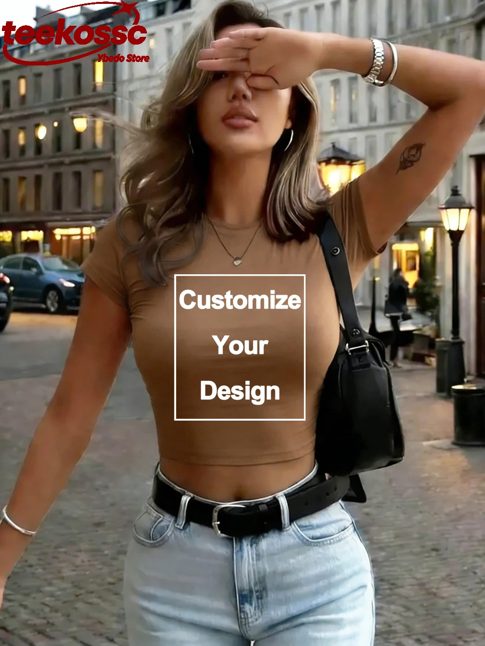 Bawełniany damski crop top z krótkim rękawem Brązowy