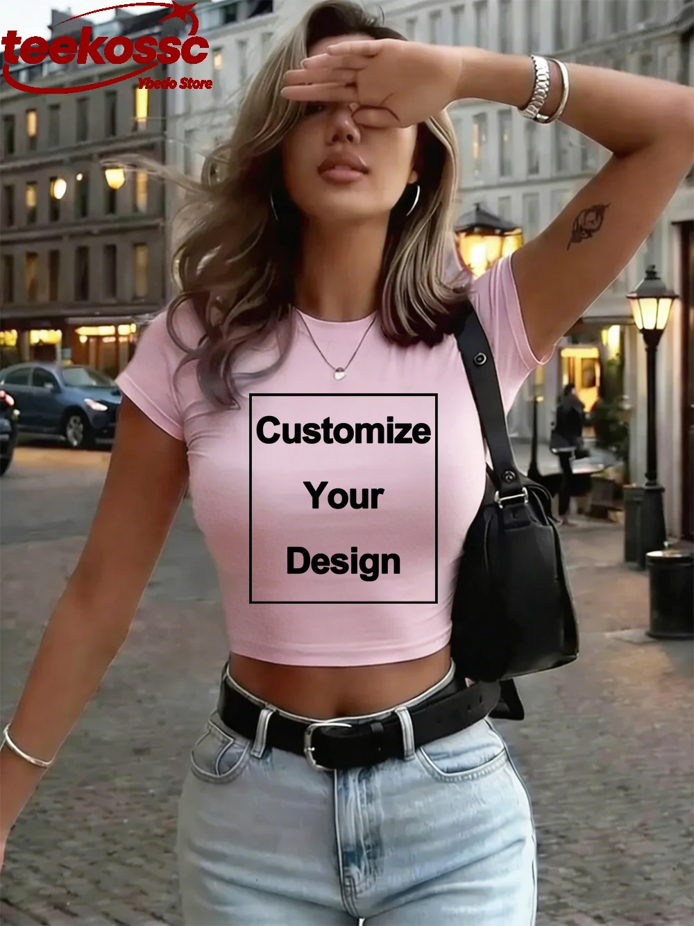 Bawełniany damski crop top z krótkim rękawem Różowy