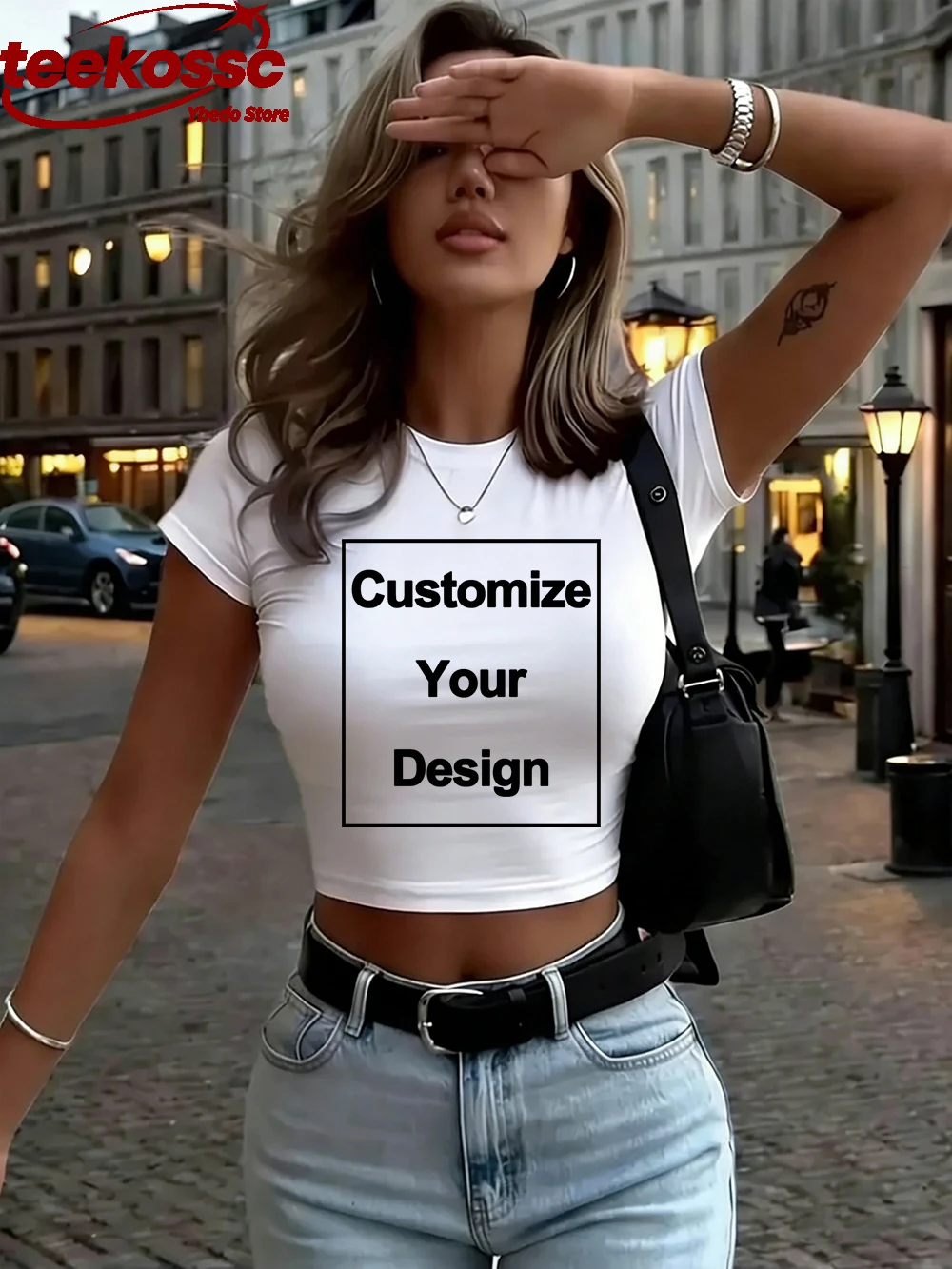 Bawełniany damski crop top z krótkim rękawem Biały