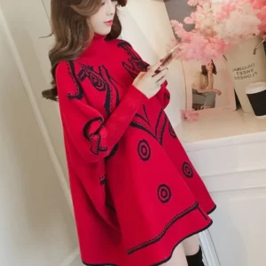 Bawełniany sweter damski oversize luźny wzór dzianiny casual Czerwony