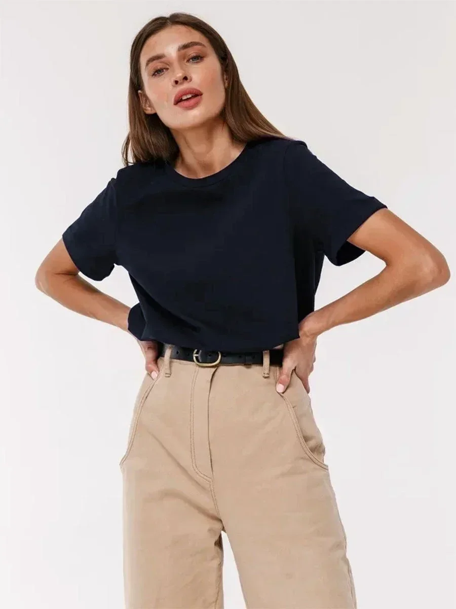 Bawełniany t-shirt damski Bornladies, gruba dzianina 230g Granatowy