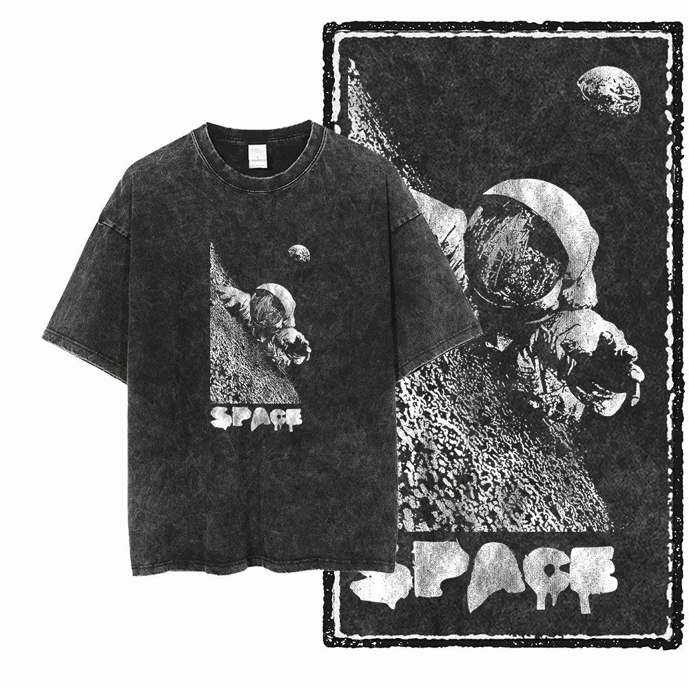 Bawełniany t-shirt z nadrukiem astronauty i kosmosu Sa012 w blk