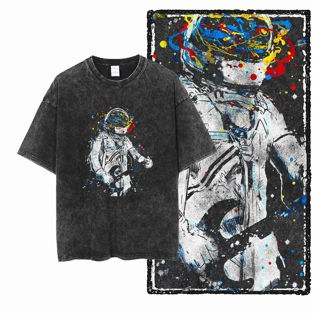 Bawełniany t-shirt z nadrukiem astronauty i kosmosu Sa013 w blk