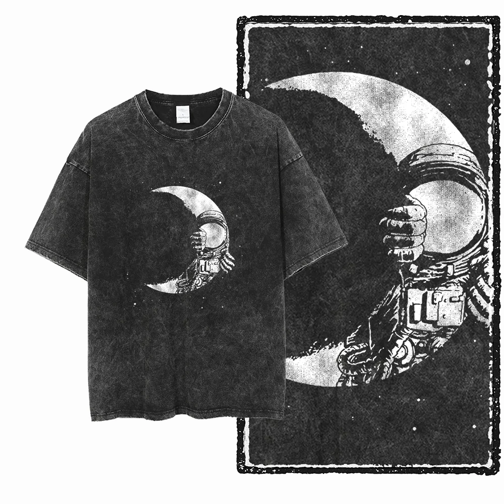 Bawełniany t-shirt z nadrukiem astronauty i kosmosu Sa014 w blk