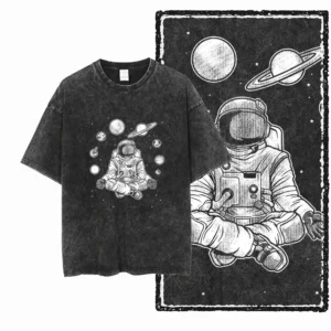 Bawełniany t-shirt z nadrukiem astronauty i kosmosu Sa015 w blk