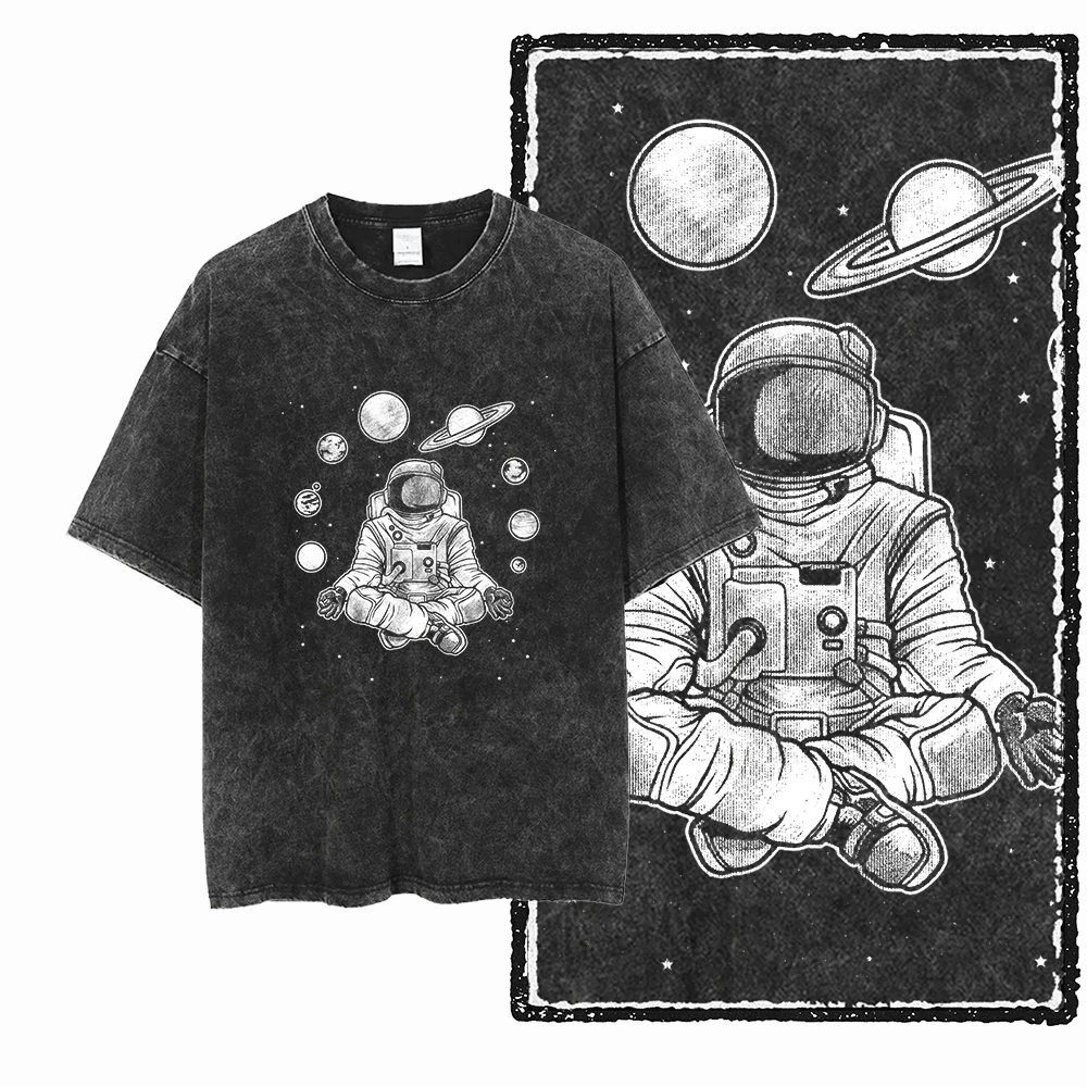 Bawełniany t-shirt z nadrukiem astronauty i kosmosu Sa015 w blk