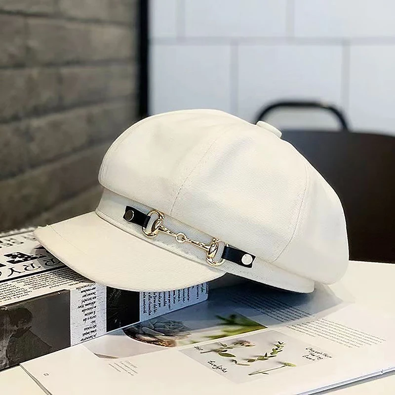 Beret damski zimowy retro z kaszkietem ośmiokątnym Beżowy