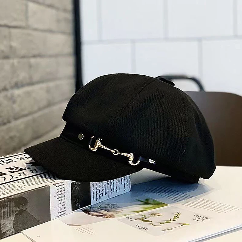 Beret damski zimowy retro z kaszkietem ośmiokątnym Czarny