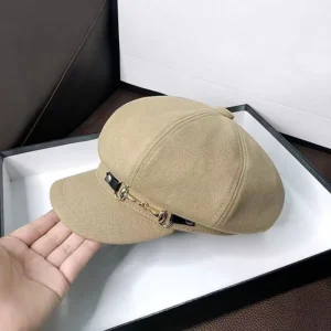 Beret damski zimowy retro z kaszkietem ośmiokątnym Khaki
