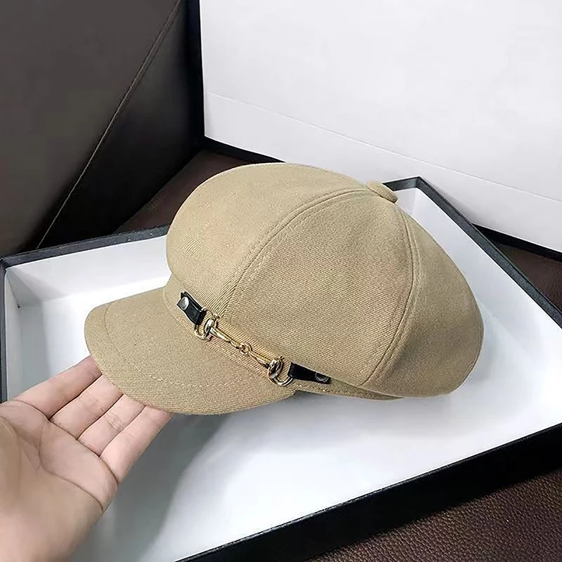 Beret damski zimowy retro z kaszkietem ośmiokątnym Khaki