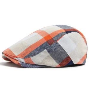Lniany beret w kratę z regulacją, kaszkiet z daszkiem Orange1