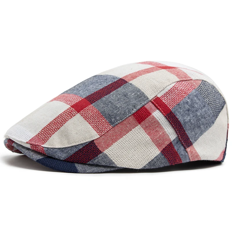 Lniany beret w kratę z regulacją, kaszkiet z daszkiem Red1