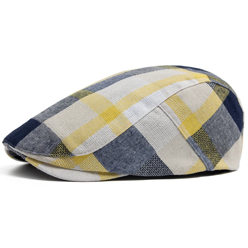 Lniany beret w kratę z regulacją, kaszkiet z daszkiem Yellow1