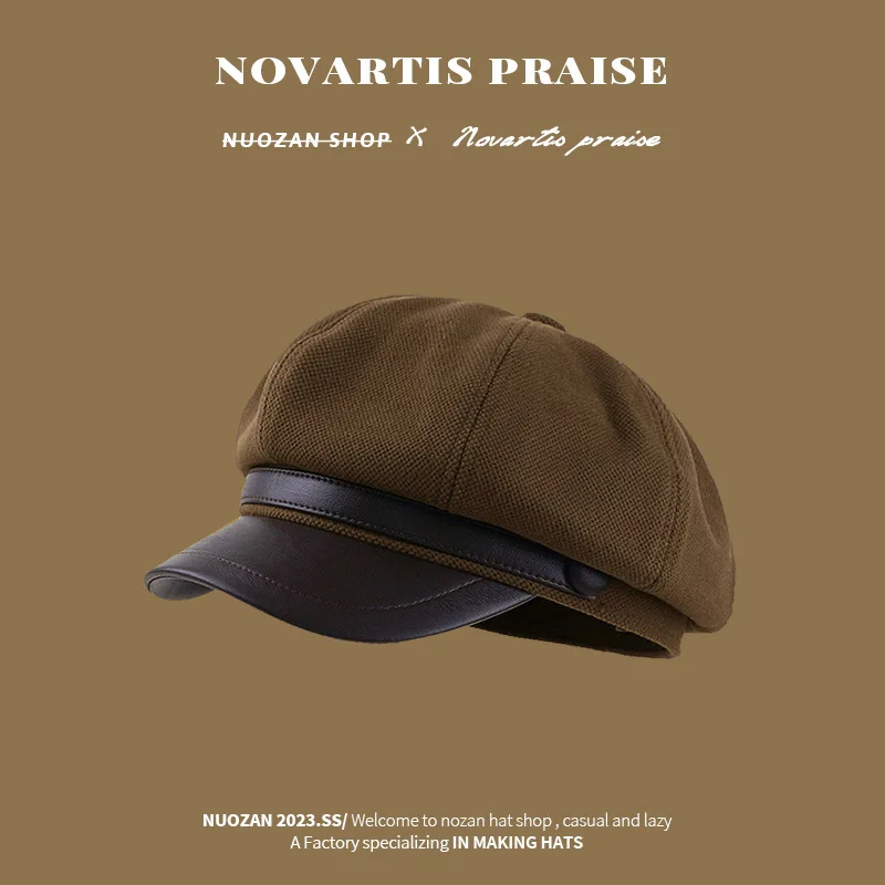 Beret z daszkiem damski Panama, elegancki ośmiokątny kapelusz malarski Kawowy