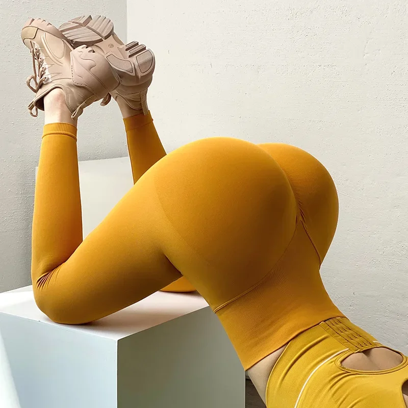 Bezszwowe legginsy push up z wysokim stanem Żółty