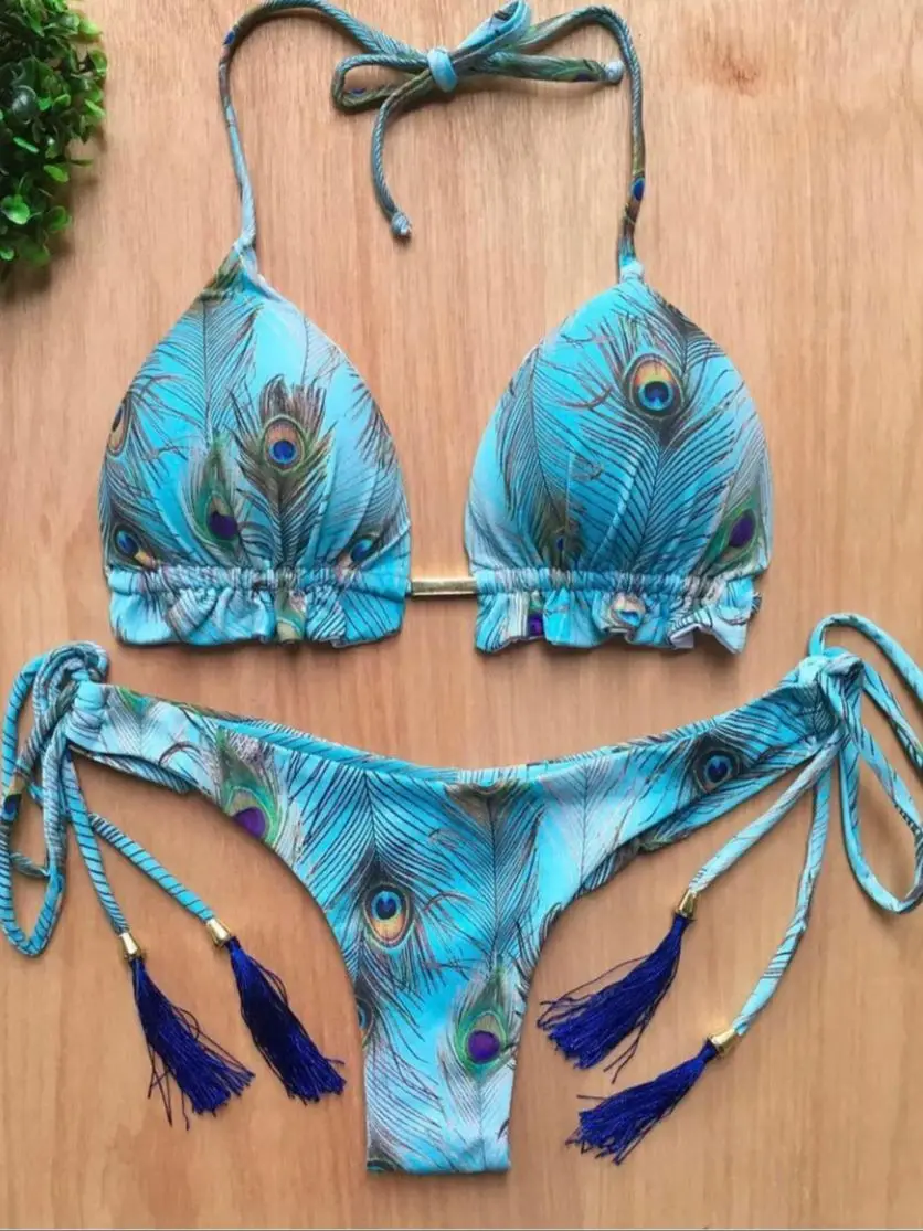 Bikini bandażowe z nadrukiem piór — strój kąpielowy mikro Khaki