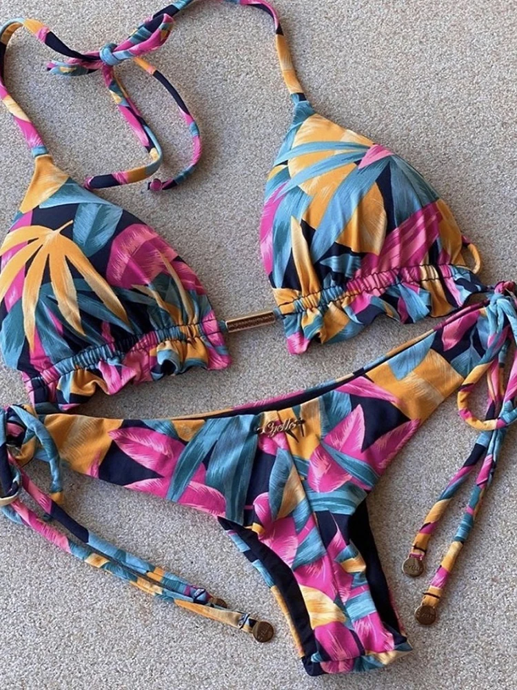 Bikini bandażowe z nadrukiem piór — strój kąpielowy mikro Jasny