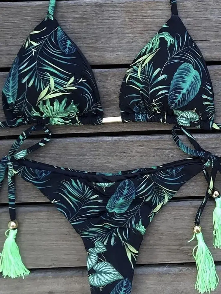 Bikini bandażowe z nadrukiem piór — strój kąpielowy mikro Szary