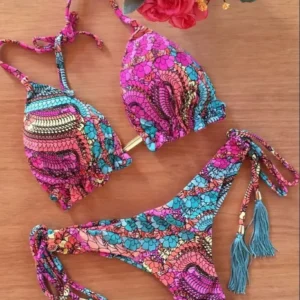 Bikini bandażowe z nadrukiem piór — strój kąpielowy mikro Złoto