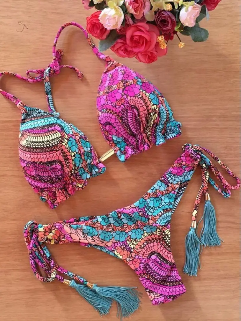 Bikini bandażowe z nadrukiem piór — strój kąpielowy mikro Złoto