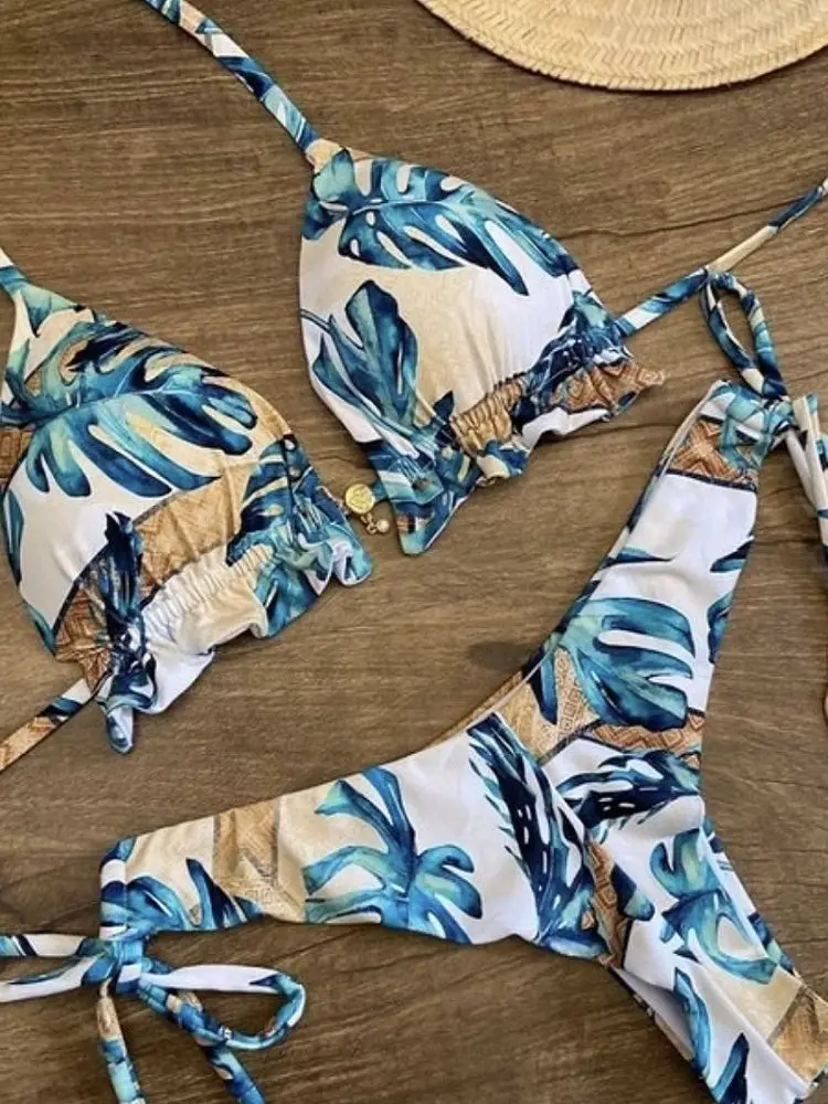 Bikini bandażowe z nadrukiem piór — strój kąpielowy mikro żółty
