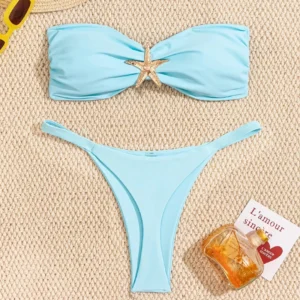 Strój kąpielowy bikini bandeau push up ze stringami brazylijskimi Błękitny