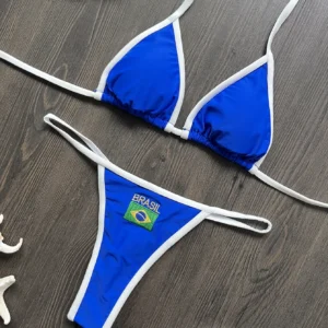 Bikini damskie z haftem i wzorem flagi Brazylii Niebieski