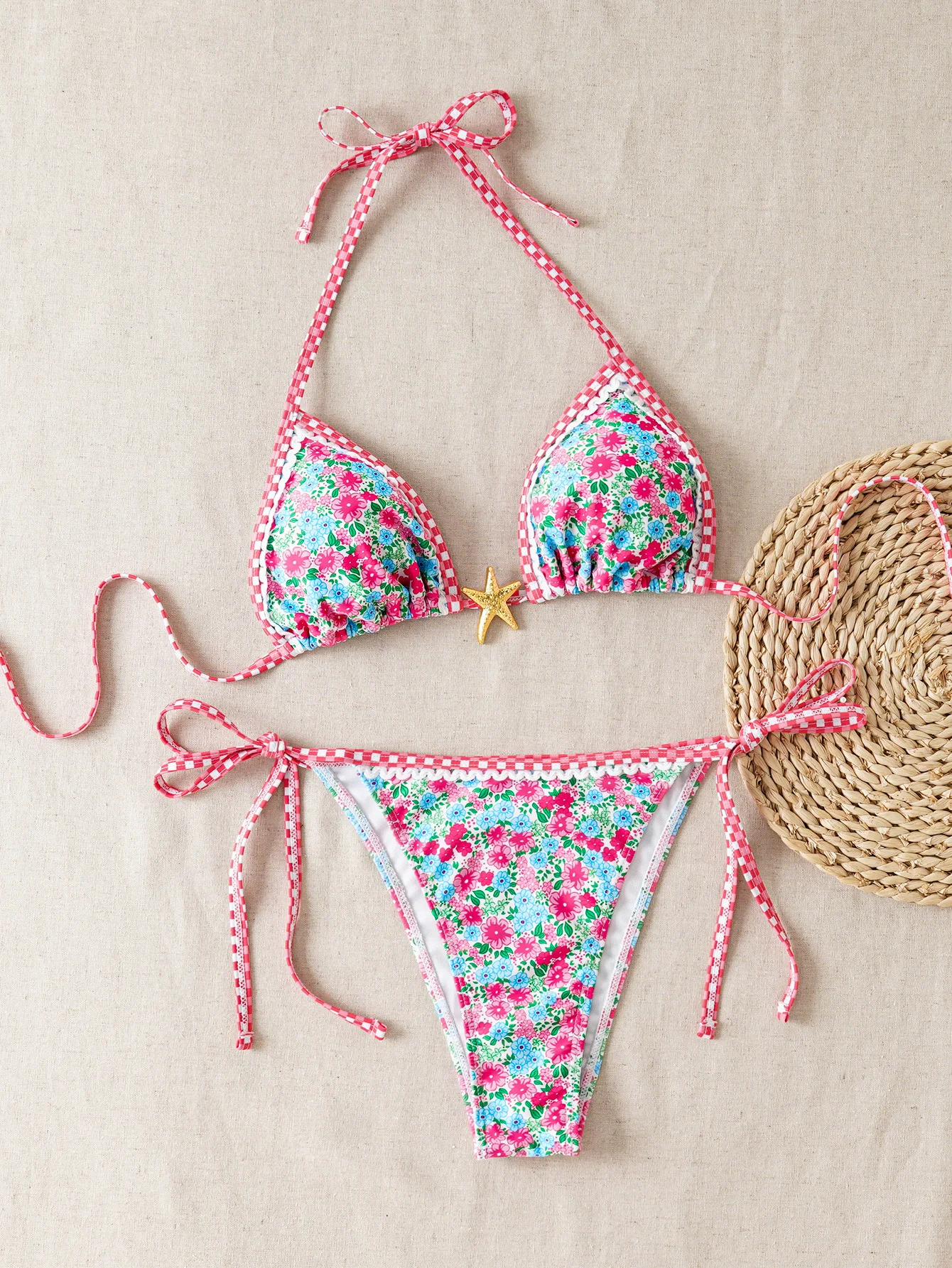 Bikini damskie kwiatowe z wiązaniem na szyi push up Blue4