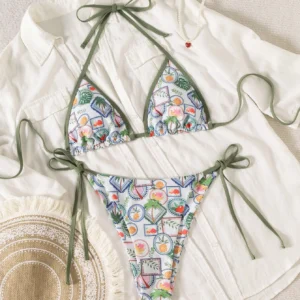 Bikini damskie kwiatowe z wiązaniem na szyi push up Green2