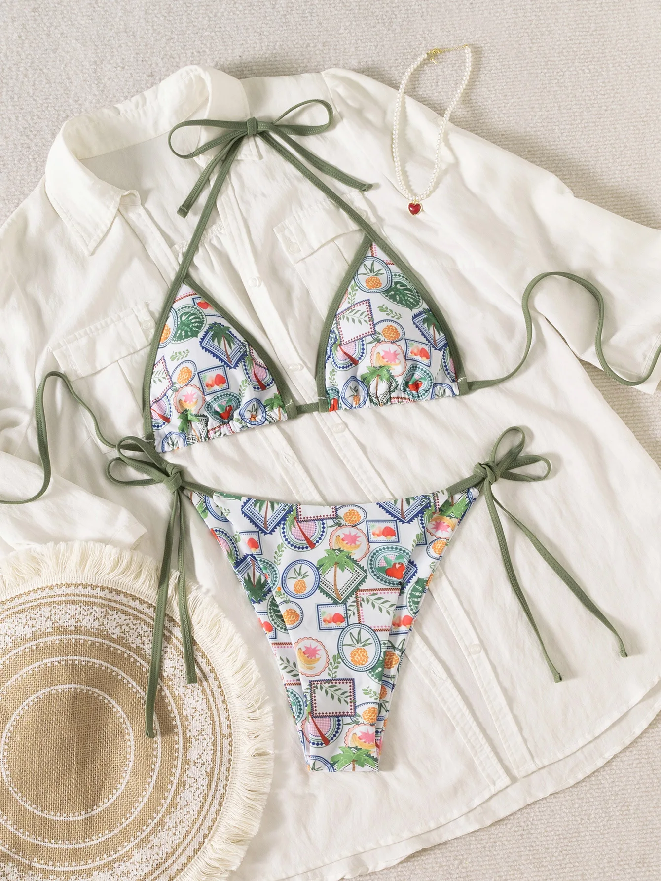Bikini damskie kwiatowe z wiązaniem na szyi push up Green2